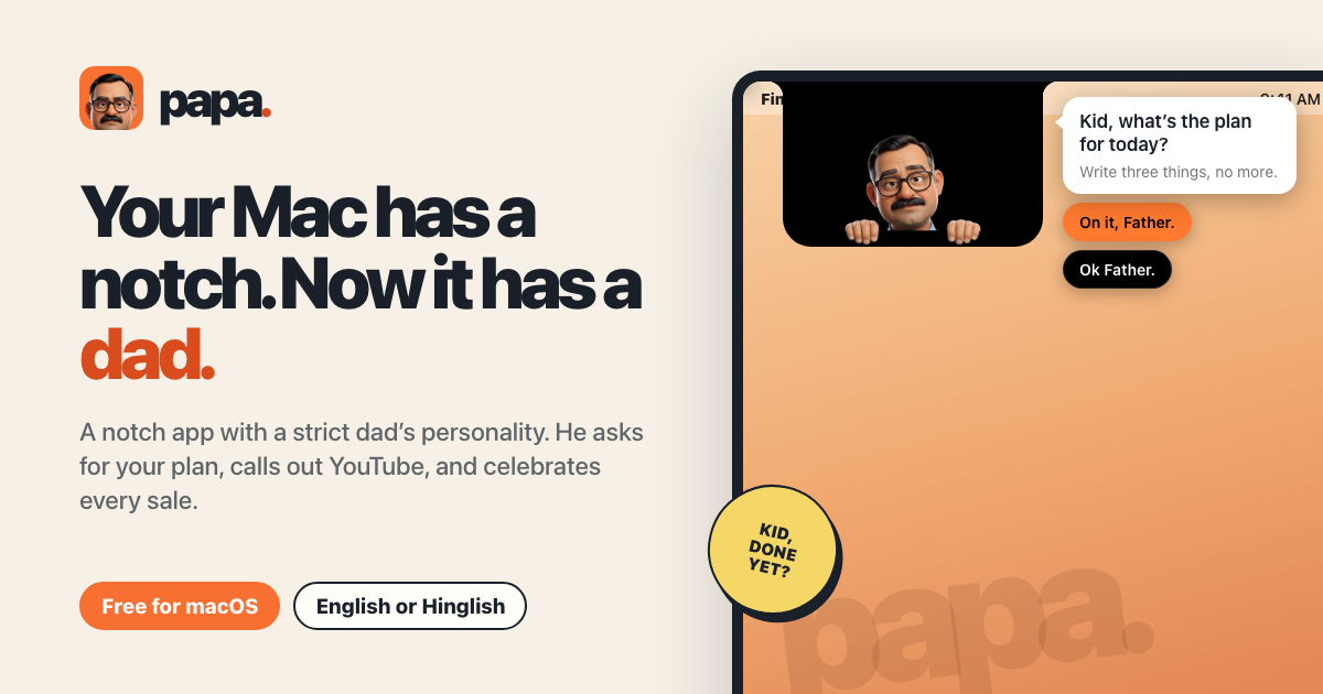 My side project: a dad who lives in the MacBook notch. 1 month to build, 3 paying users, 1 brutal re logo